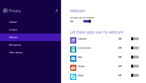 Windows 8.1, privacy, settings, devices, webcam, microphone