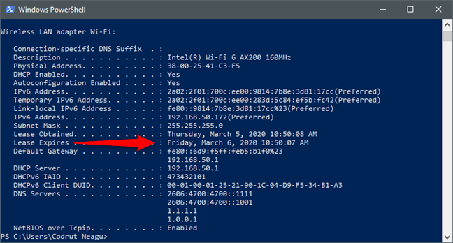 The DHCP Lease Expires date and time for a network adapter