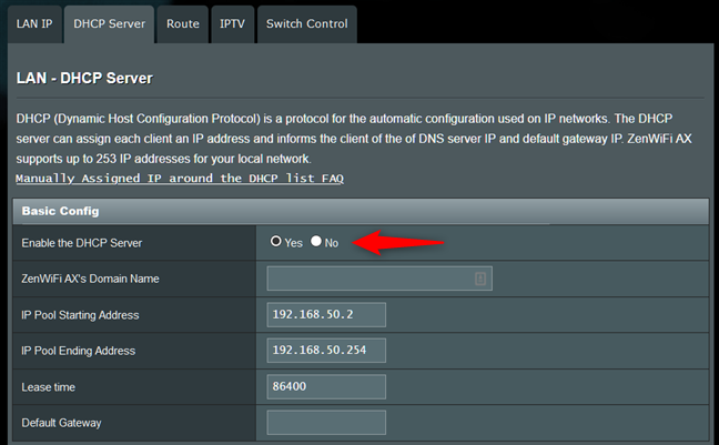 DHCP server enabled on a router