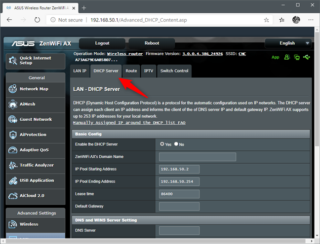 The DHCP Server settings of a router