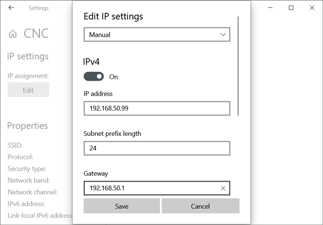 Manually setting an IP address on a Windows 10 PC
