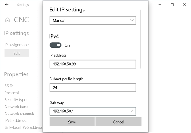 Manually setting an IP address on a Windows 10 PC