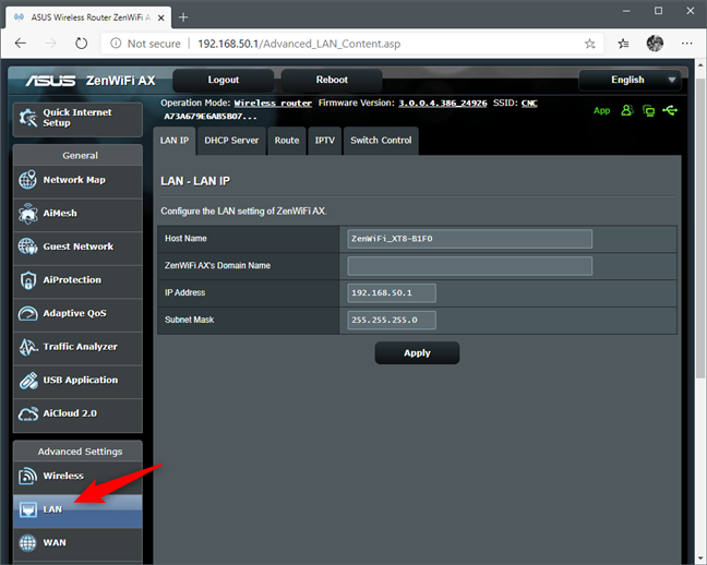 The LAN settings of a router