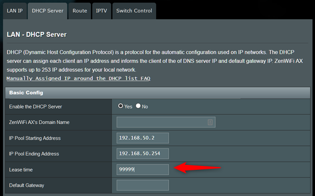 The DHCP lease time setting on a router