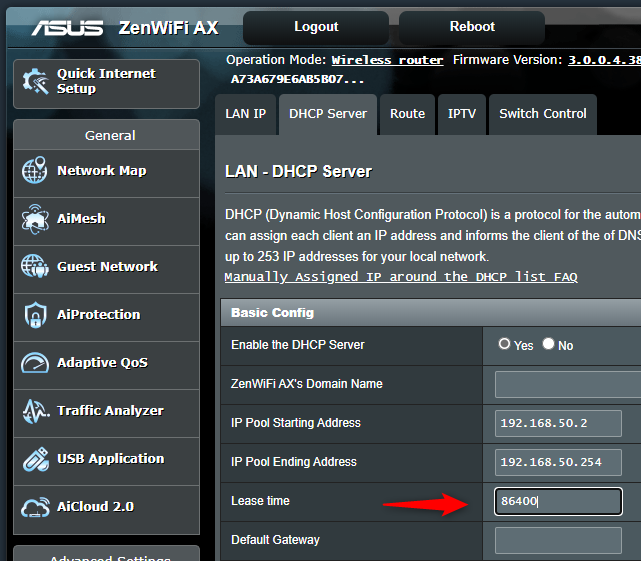 The DHCP lease time setting on a router