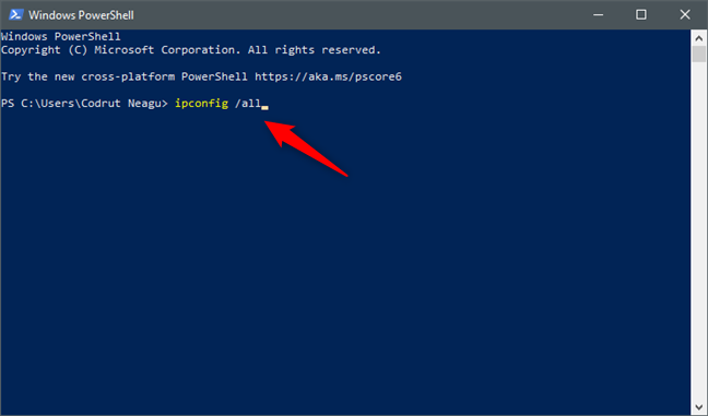 Running the ipconfig /all command in PowerShell or Command Prompt (cmd)