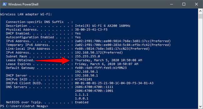 The DHCP Lease Obtained date and time for a network adapter