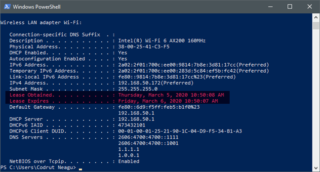 How to see the DHCP lease time of a Windows 10 PC