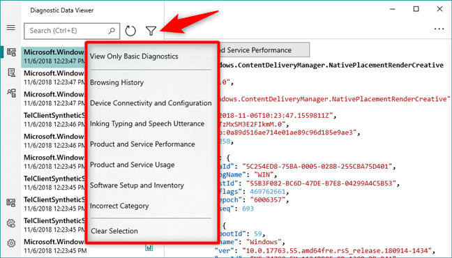 Filtering the Windows 10 diagnostic data by different categories