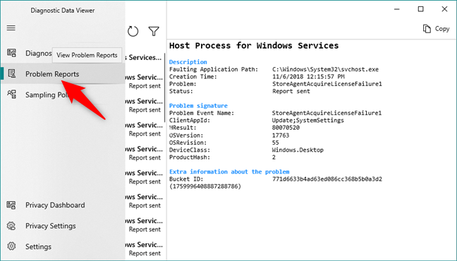 Viewing the problem reports sent to Microsoft by Windows 10