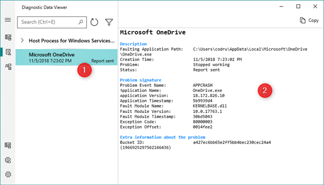 Viewing the details of problem reports in Windows 10