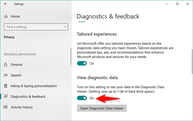 Turning on the View diagnostic data switch in Windows 10