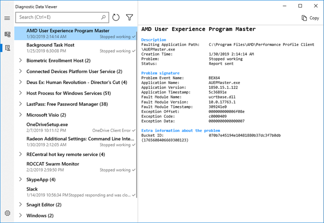 Viewing problem reports in Diagnostic Data Viewer