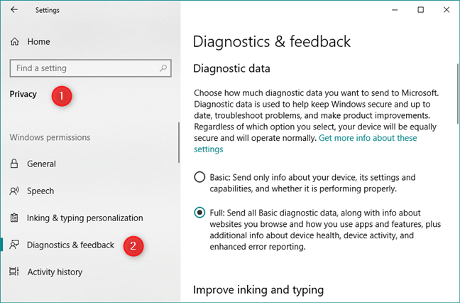 The Diagnostic &amp; feedback settings in Windows 10