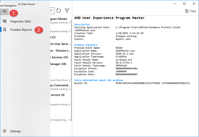 Accessing Problem Reports in Diagnostic Data Viewer
