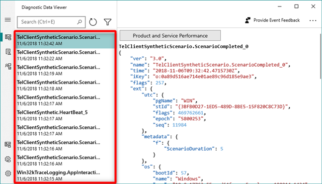 The list of diagnostic data sent to Microsoft