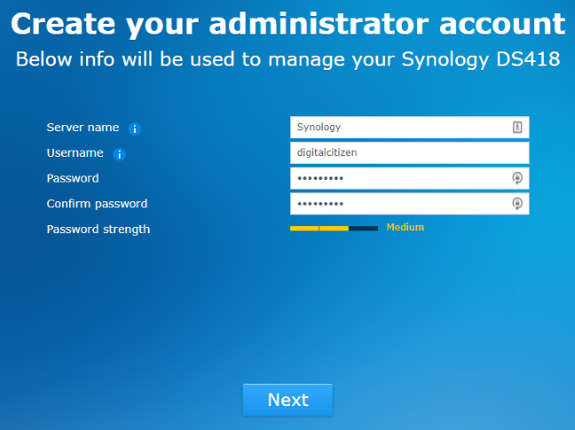 Creating the admin account for Synology DiskStation DS418