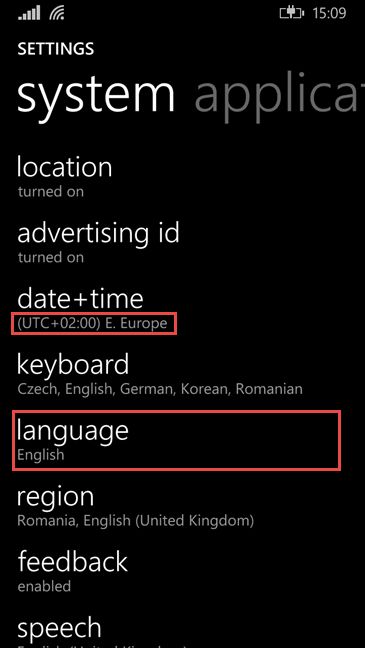 Windows 10 Mobile, Windows Phone 8.1, language, display, change