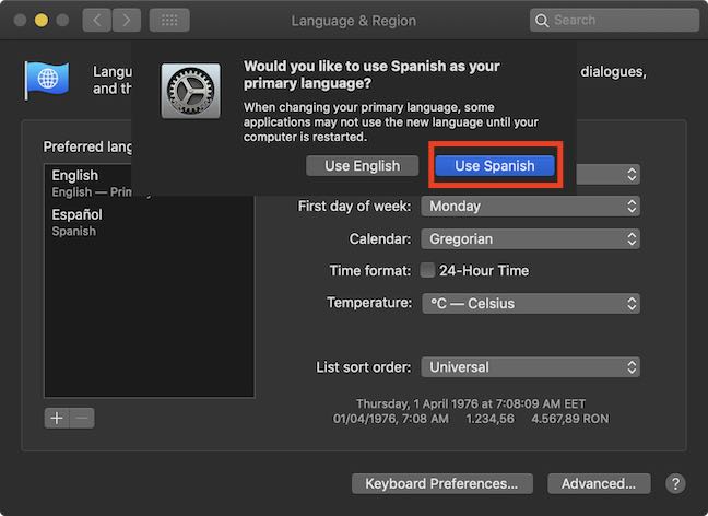 Confirm your new primary language in macOS