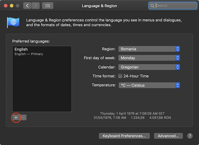 Adding a new language to your Preferred languages, in Mac OS