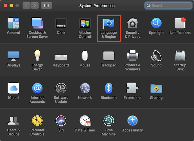 The Language &amp; Region option in the System Preferences window