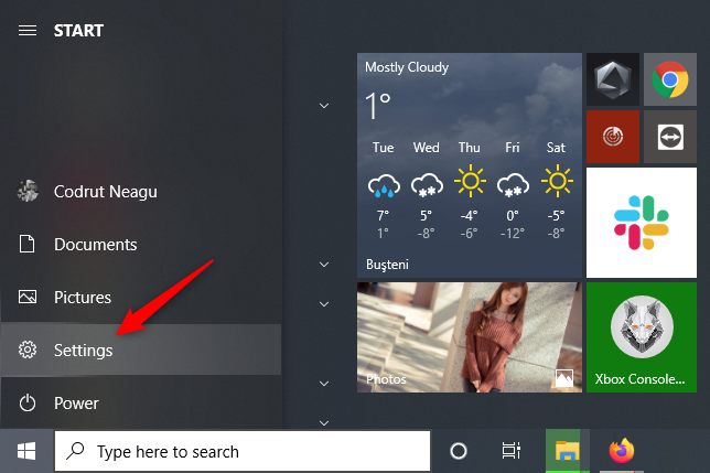 The Settings button from the Start Menu