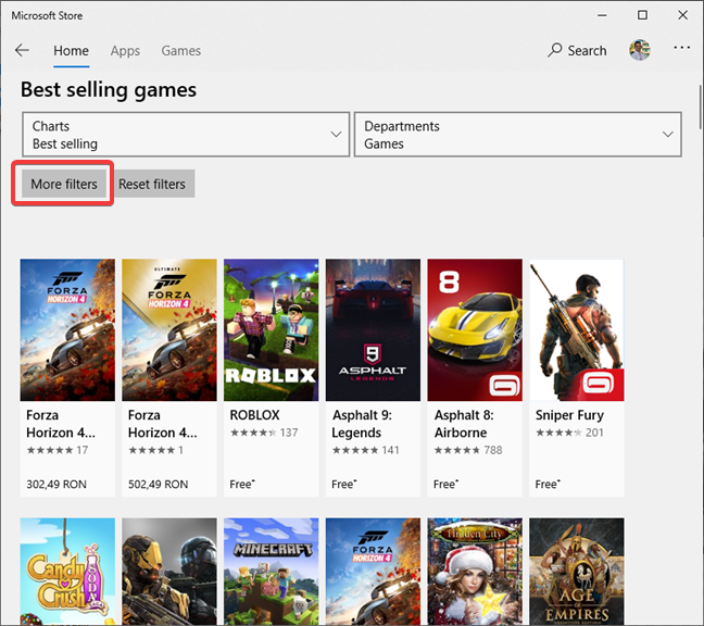 More filters for games in the Microsoft Store