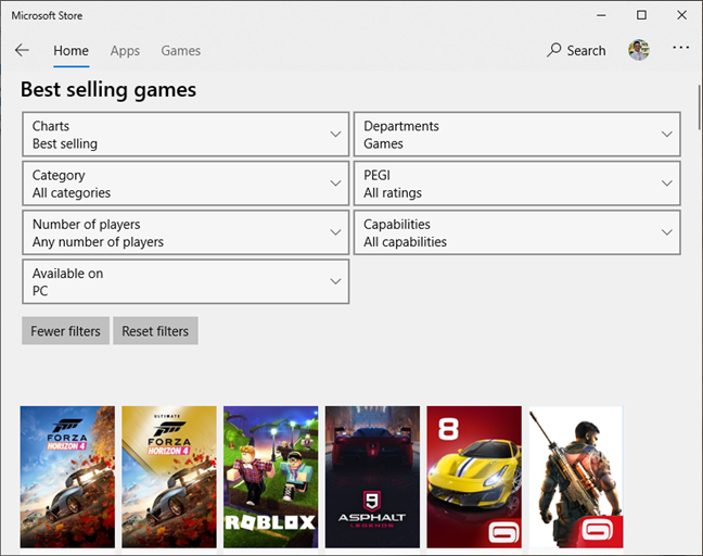 Filters for browsing games in the Microsoft Store