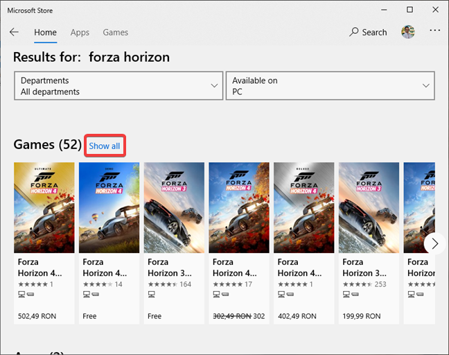Display search results for games in Microsoft Store