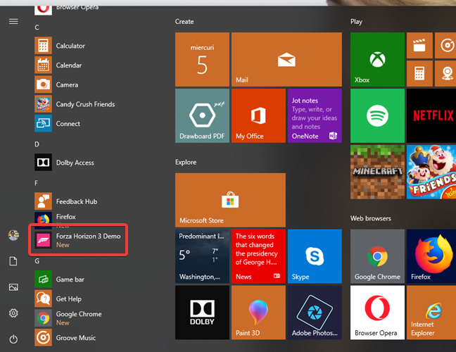 The Forza Horizon shortcut in the Start Menu from Windows 10