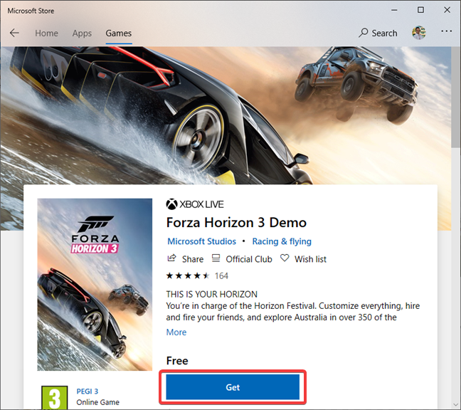 Forza Horizon demo in the Microsoft Store