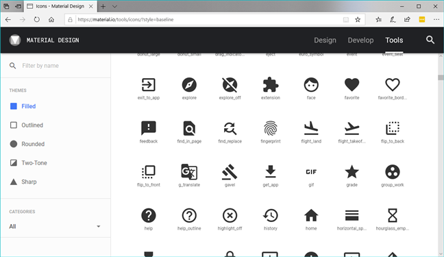 The icons page from the Google Material Design website