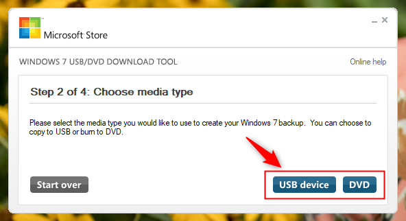 Choosing to create a USB memory stick or a DVD with Windows