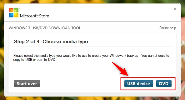 Choosing to create a USB memory stick or a DVD with Windows