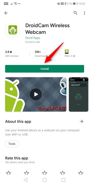 Installing the DroidCam Wireless Webcam app from the Play Store