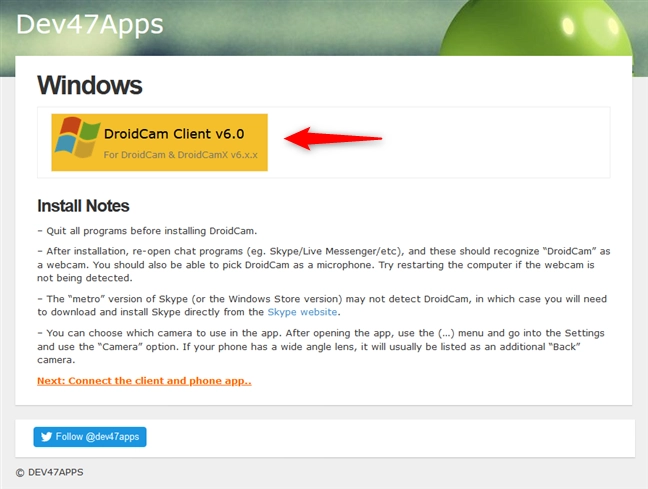 The DroidCam Client download link