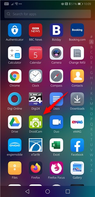 The DroidCam Wireless Webcam app shortcut from the All Apps list