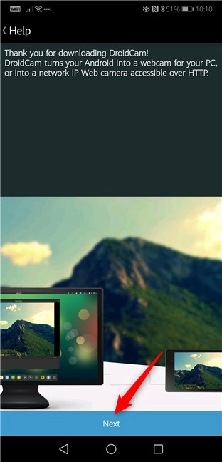 The welcome message from the DroidCam Wireless Webcam Android app