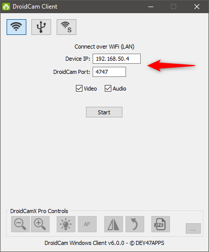 Configuring the IP address, port, video, and audio feeds in the DroidCam client for Windows