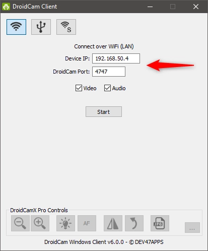 Configuring the IP address, port, video, and audio feeds in the DroidCam client for Windows