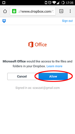 Android, Dropbox, link, connect, Microsoft Office, apps