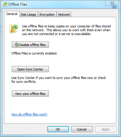 Disable Offline Files and the Sync Center in Windows 7