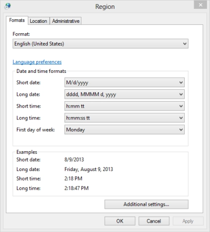 Dates, Times & Currency Settings, Windows 8