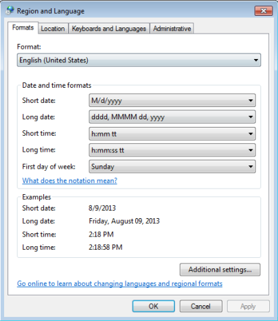 Dates, Times & Currency Settings, Windows 7