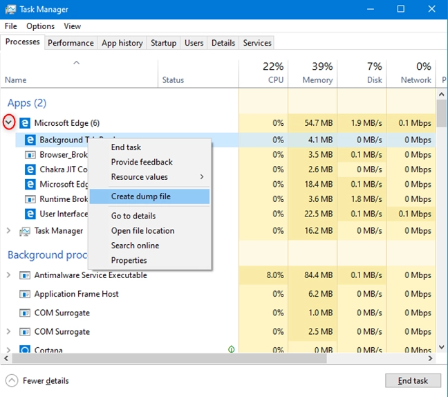 Expand an app or a process in Task Manager