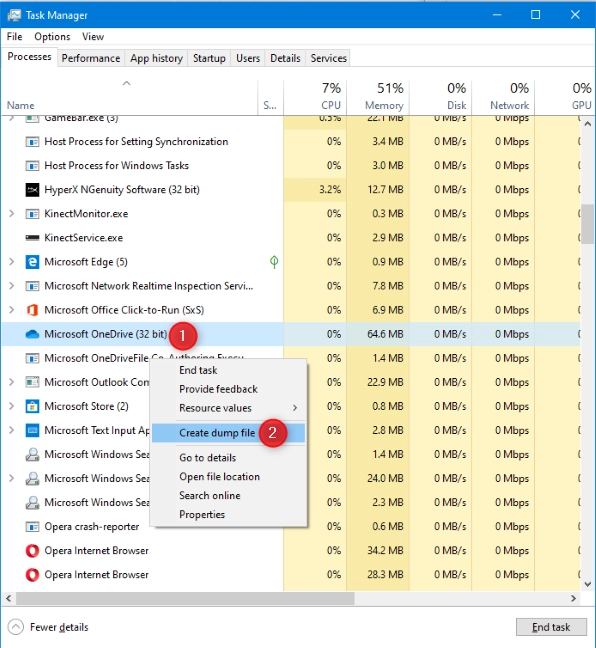 Creating a dump file using Task Manager
