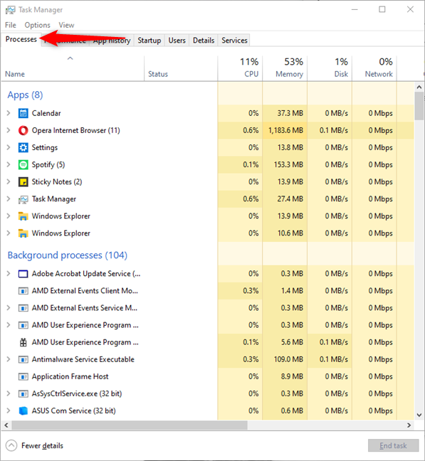 Go to the Processes tab of the Task Manager