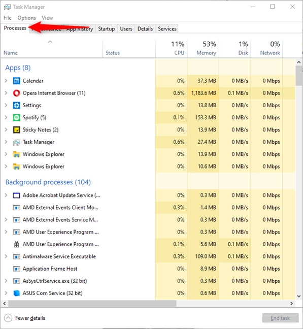 Go to the Processes tab of the Task Manager