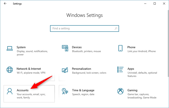 The Accounts category of Windows 10 Settings