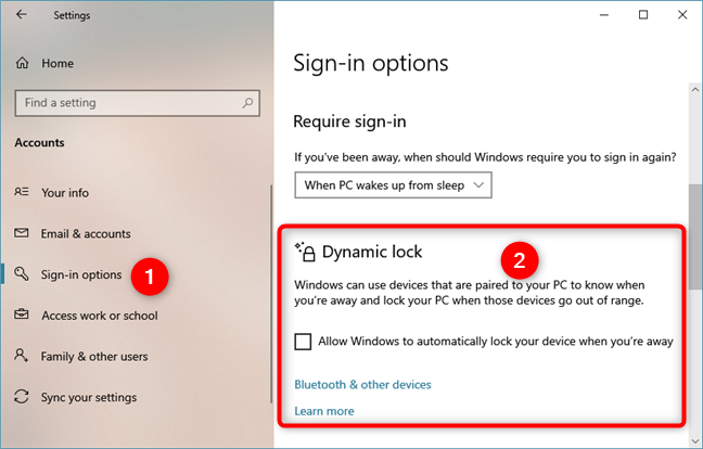 The Dynamic lock section from the Sign-in options
